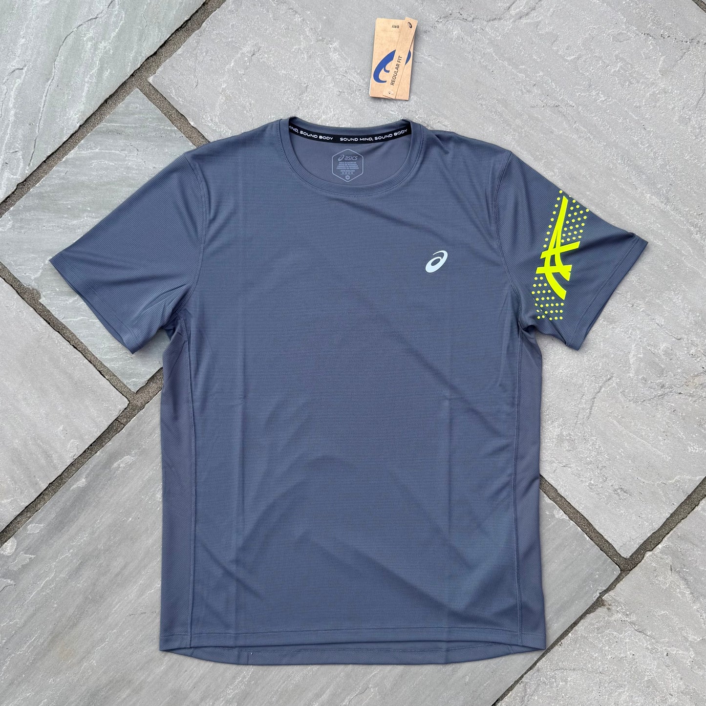 Asics Icon T-Shirt - Carrier Grey / Safety Yellow - Brand New - Multiple Sizes